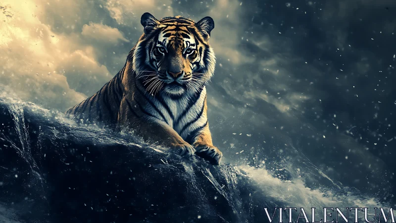 Stormlit tiger on wave-lashed rock with high-contrast lighting