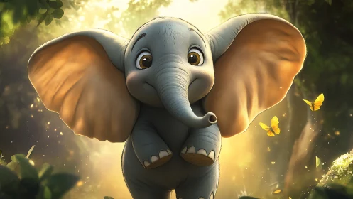Cartoon elephant with large ears in sunlit forest clearing.
