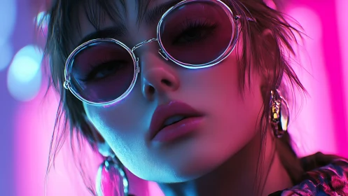Portrait of woman with round sunglasses in neon light.