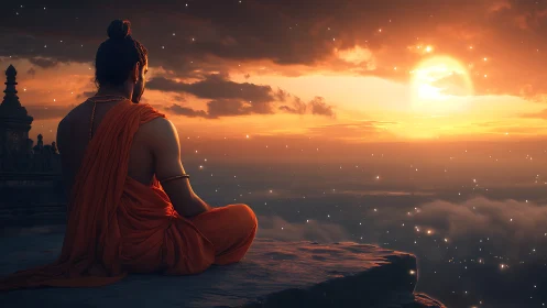 Monk figure seated on cliff edge at sunset horizon.
