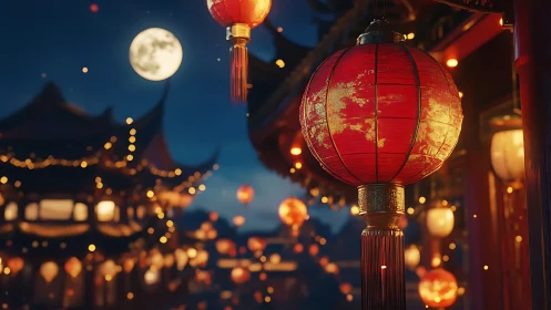 Lunar-lit Chinese lantern array with shallow-depth optical bokeh.