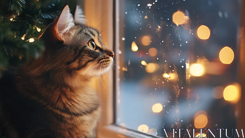 Tabby Cat Gazing Through Winter Window at Golden Bokeh Lights