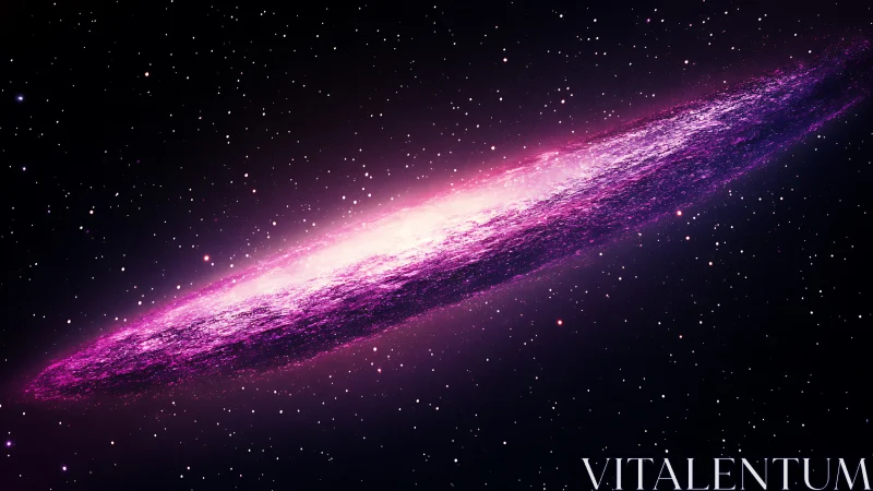 Edge-on magenta spiral galaxy with luminous stellar core.