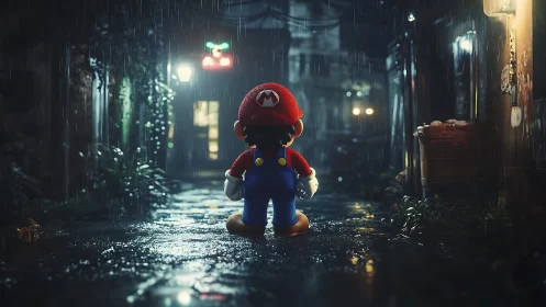 Mario figure stands in rainy neon lit alley at night.