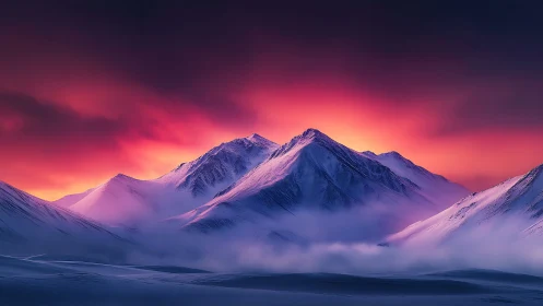 Crimson dawn pours molten light over violet snow peaks
