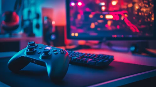 Gaming controller on RGB-lit desktop with blurred monitor.