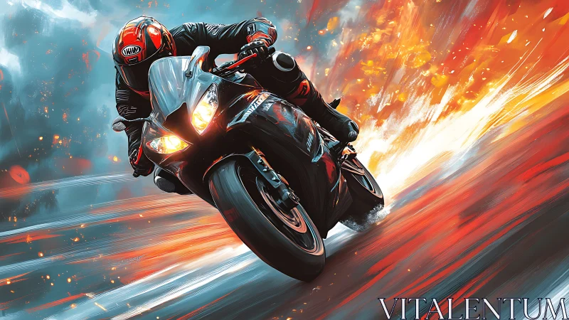 Motorcyclist rides sport bike through stylized motion field