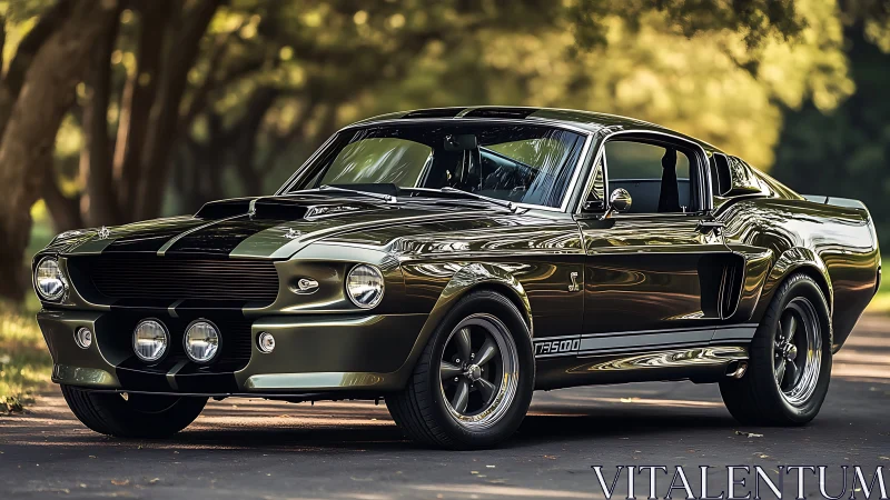 Classic fastback muscle car gleams beneath soft forest light