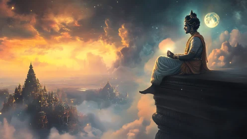 Robe-clad figure meditates above illuminated temple city