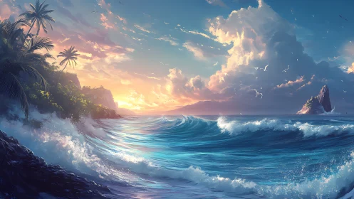 Sunlit tropical waves dancing beneath glowing evening clouds.