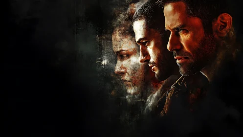 Intense male profiles in layered dark cinematic portrait.