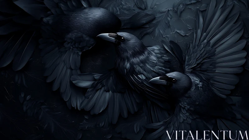 Digital painting of three ravens in nocturnal radial composition.