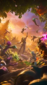 Dynamic stylized forest skirmish under volumetric sunset sky