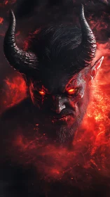 Infernal horned fiend rising from swirling ember-darkness.