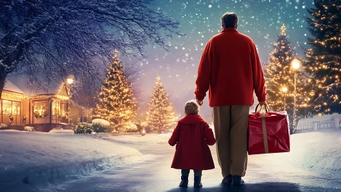 Winter night scene analyzes illuminated trees and gift-bearing figures