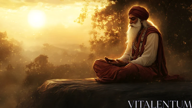 Sunlit sage in meditative pose against atmospheric forest haze