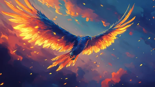 Majestic Phoenix Soaring in Fiery Sky, Digital Fantasy Art.