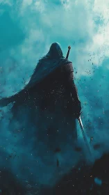 Cloaked fantasy warrior with sword in swirling blue mist.