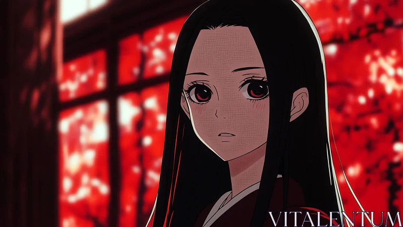 Soft-lit anime girl before crimson bokeh window glow.