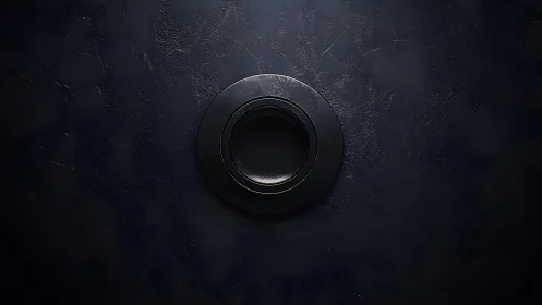 Minimalist dark circular object on textured black background.
