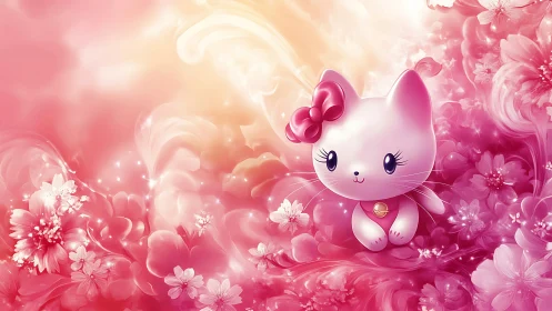 Kawaii pink kitten among glowing cherry blossoms dreamscape.