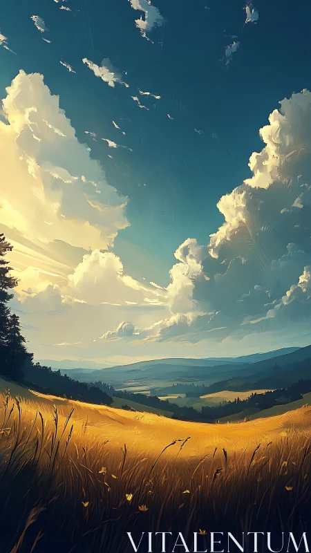 Golden valley landscape under dramatic summer sky.