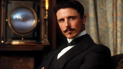 Well-dressed man in vintage interior portrait scene.