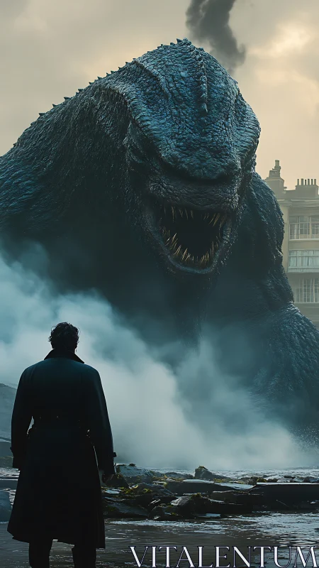 Colossal reptilian kaiju confronts lone figure in coastal fog.
