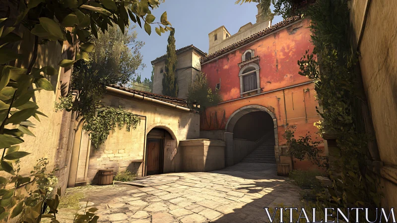 Mediterranean courtyard with arched passage and occlusion lighting