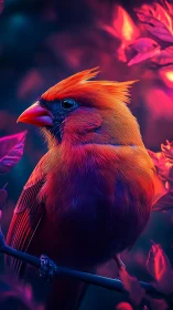 Neon cardinal in twilight bloom, humming with secret fire.