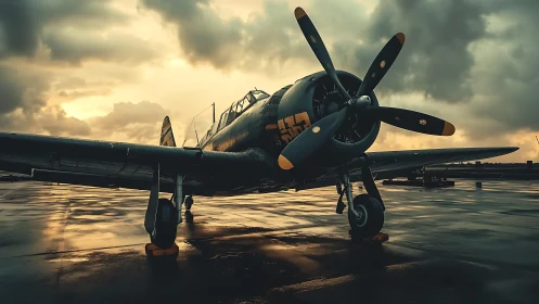 Photorealistic WWII trainer aircraft on rain-soaked runway at dusk.