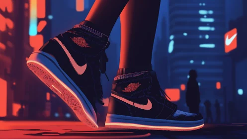 Neon-lit sneakers are depicted in a stylized urban night scene