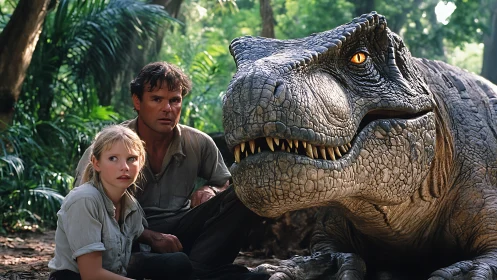 Jungle standoff with a golden-eyed dinosaur guardian.