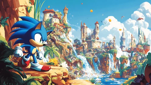 Sonic character observing expansive fantasy waterfall city.