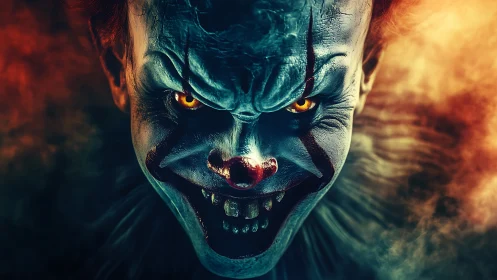 Digital painting of demonic clown portrait with chiaroscuro lighting.