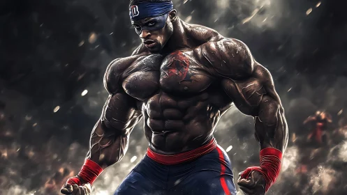 Muscular masked superhero stands in smoky battle arena.