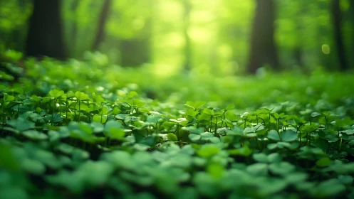 Clover ground cover fills sunlit forest floor in soft focus.