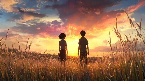Children silhouetted in golden wheat beneath blazing sunset.
