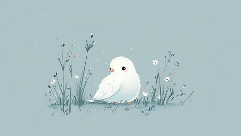 Cute White Bird in Pastel Floral Field, Minimalist Illustration.