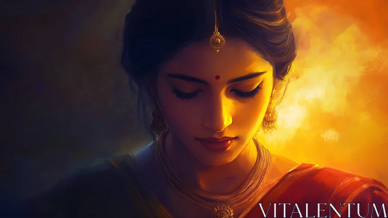 Portrait of serene Indian woman in warm golden light.