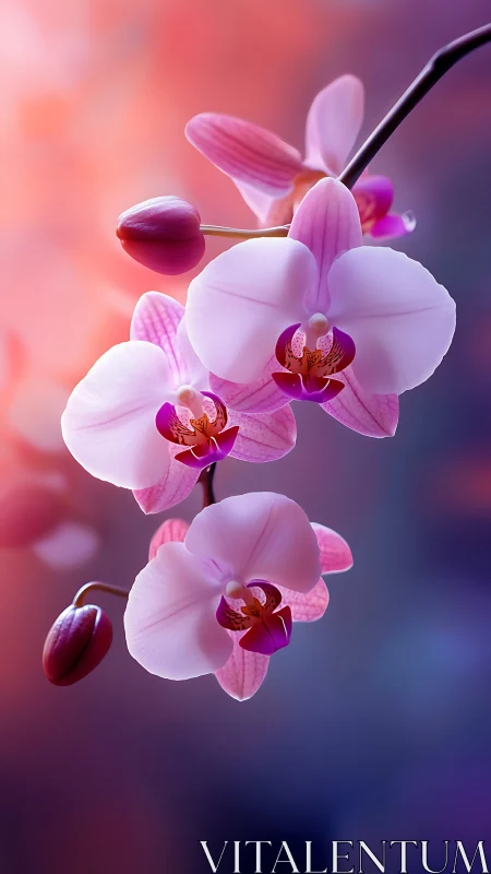 Pink orchid stem glows against soft bokeh gradient background.