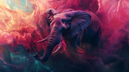 Cosmic elephant drifting through swirling nebula dreams.