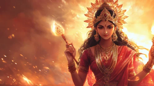 Radiant fire goddess in shimmering gold and scarlet light.