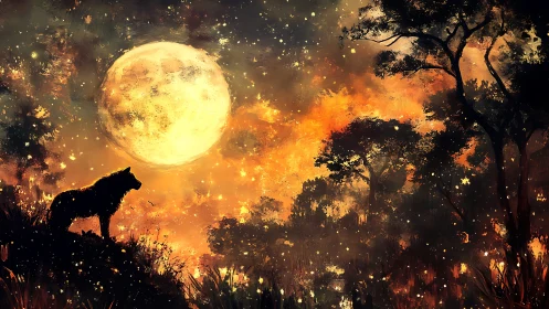 Moonlit wolf beneath a glowing sky of drifting stars.