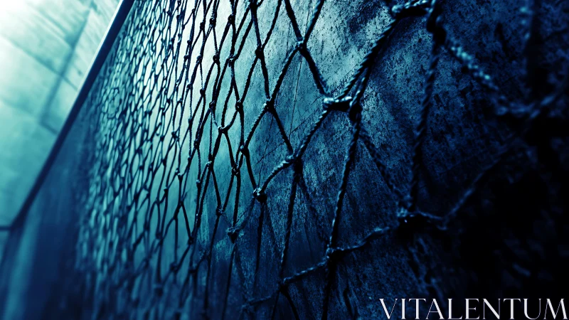Close-up of Chain-Link Fence with Grunge Texture in Blue Light.