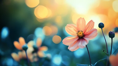 Coral Cosmos: Blossom Dancing in Golden Bokeh Dreams.