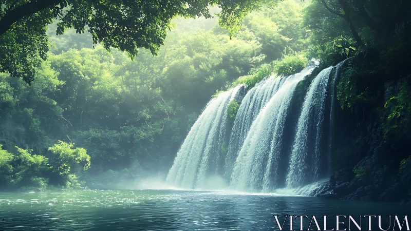 Jungle Waterfall Cascading Through Lush Forest.