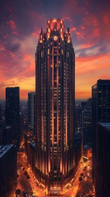 Illuminated art deco tower in dense urban skyline at dusk.