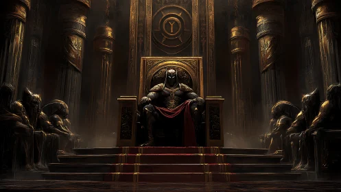 Armored warlord on monumental throne in low-key directional lighting