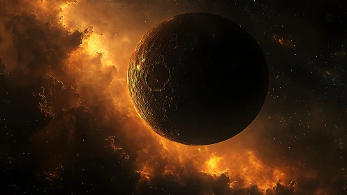 Burning nebula engulfs a shadowed cratered planet in space.